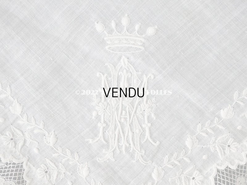 画像6: 19世紀 アンティーク  結婚式のハンカチ 王冠紋章&モノグラム刺繍入り 手編みのヴァランシエンヌレース