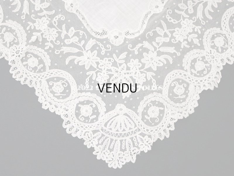 画像15: 1866年 アンティーク  結婚式のハンカチ アプリカシオン・アングルテール (ボビンレース)　