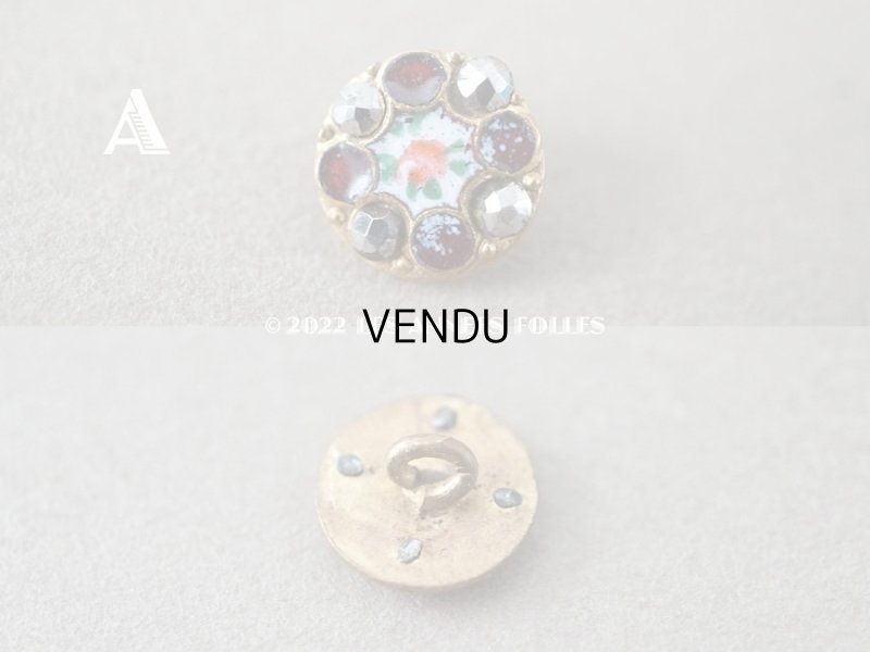 画像2: 19世紀末 アンティーク エナメルボタン 薔薇 ハンドペイント マーカサイト＆グラスストーン 9mm