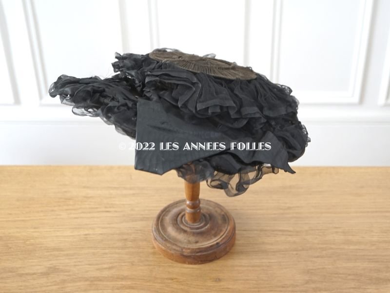 画像2: 19世紀 アンティーク  黒のシルクサテンのフリル付き　帽子