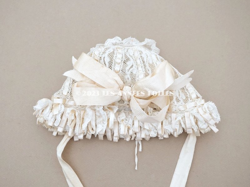 画像3: アンティーク バテム用 レースのボネ パウダーピンクのリボン ベビー用ボネ