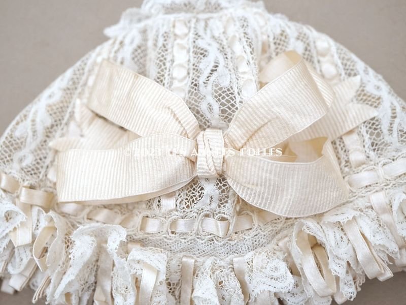 画像7: アンティーク バテム用 レースのボネ パウダーピンクのリボン ベビー用ボネ