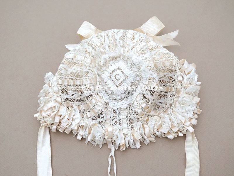 画像5: アンティーク バテム用 レースのボネ パウダーピンクのリボン ベビー用ボネ