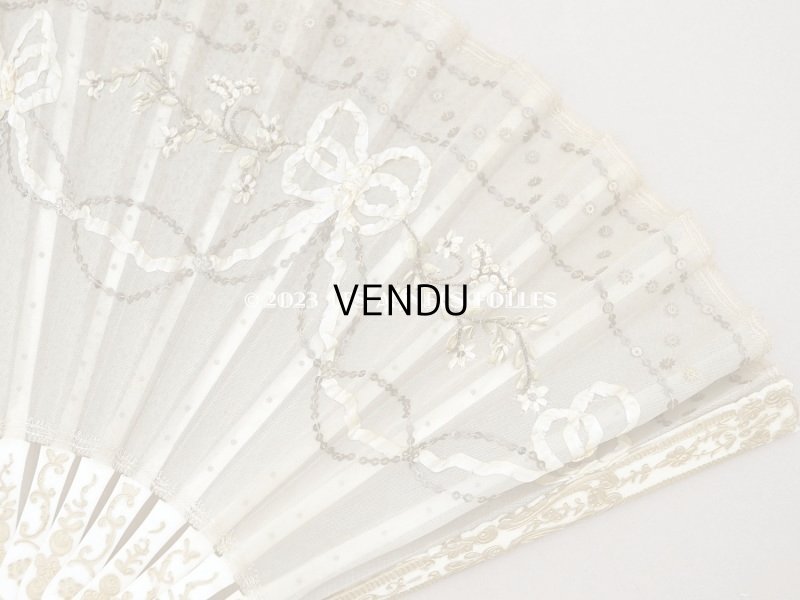 画像7: 19世紀 アンティーク リボン刺繍のファン リボン＆花のガーランド柄 シルク製オリジナルバッグ入り