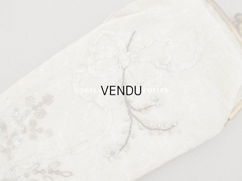 画像19: 19世紀 アンティーク リボン刺繍のファン リボン＆花のガーランド柄 シルク製オリジナルバッグ入り