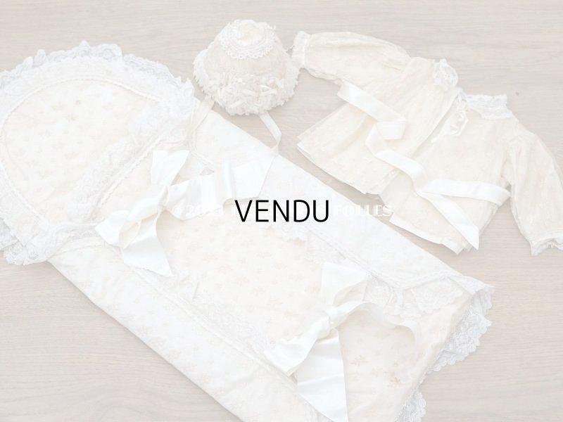 画像3: アンティーク ベビー用おくるみ&ボネ&上着のセット 花模様のレース&シルクリボン