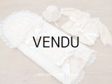 アンティーク ベビー用おくるみ＆ボネ＆上着のセット 花模様のレース＆シルクリボン
