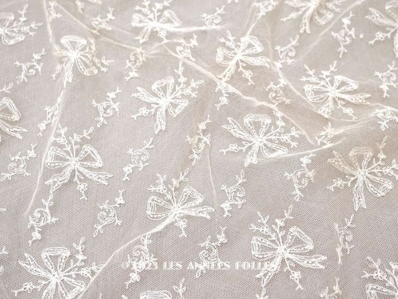 画像1: アンティーク カーテン用 チュールレース リボン柄の刺繍入り 90×120cm
