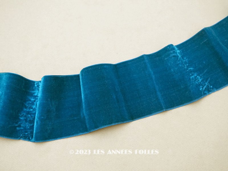 画像1: 19世紀末 アンティーク シルク製 幅広 ベルベットリボン ブルー 0.92m 幅7.8cm 