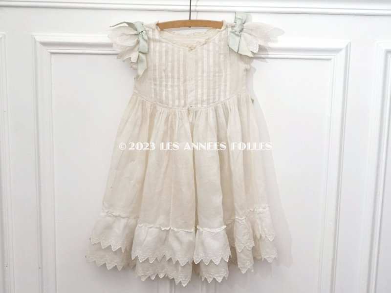 画像6: 1900年頃 アンティーク 小さな女の子のドレス ブルーグリーンのリボン＆手編みのレース 