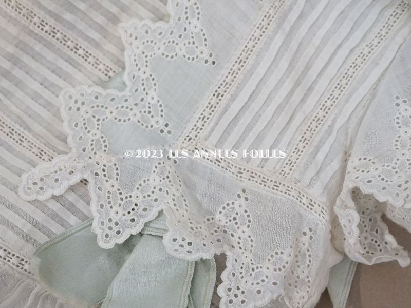 画像11: 1900年頃 アンティーク 小さな女の子のドレス ブルーグリーンのリボン＆手編みのレース 