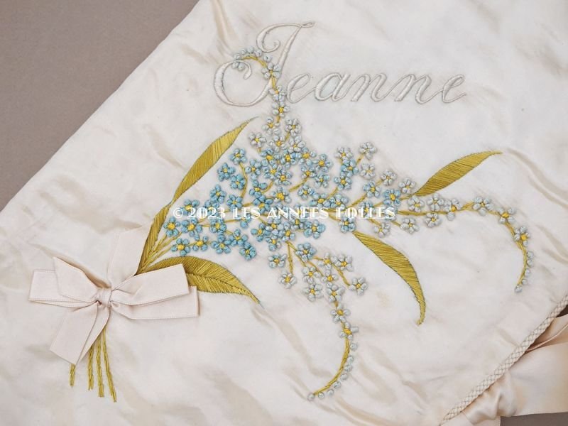 画像4: アンティーク シルク製 勿忘草のハンキーケース リボン付き ハンカチ用ポシェット JEANNE