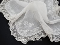 19世紀 アンティーク  結婚式のハンカチ モノグラム刺繍入り　ホワイトワーク＆手編みのヴァランシエンヌレース