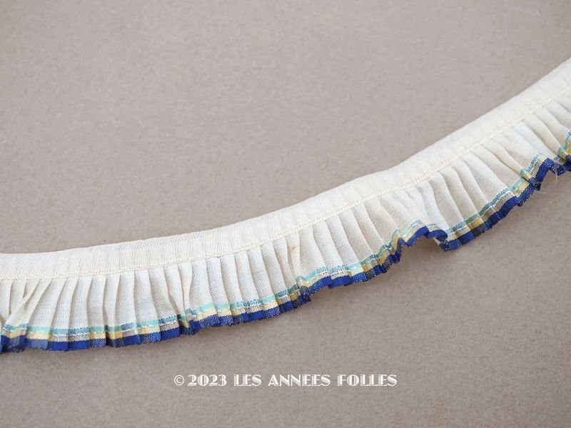 画像1: アンティーク シルク製　プリーツリボン ブルー＆イエローのライン入り 2cm幅 