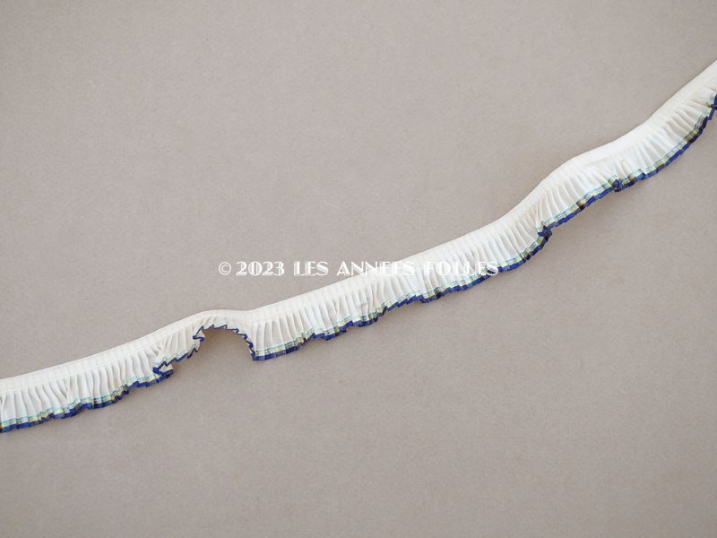 画像3: アンティーク シルク製 プリーツリボン ブルー＆イエローのライン入り 2cm幅 