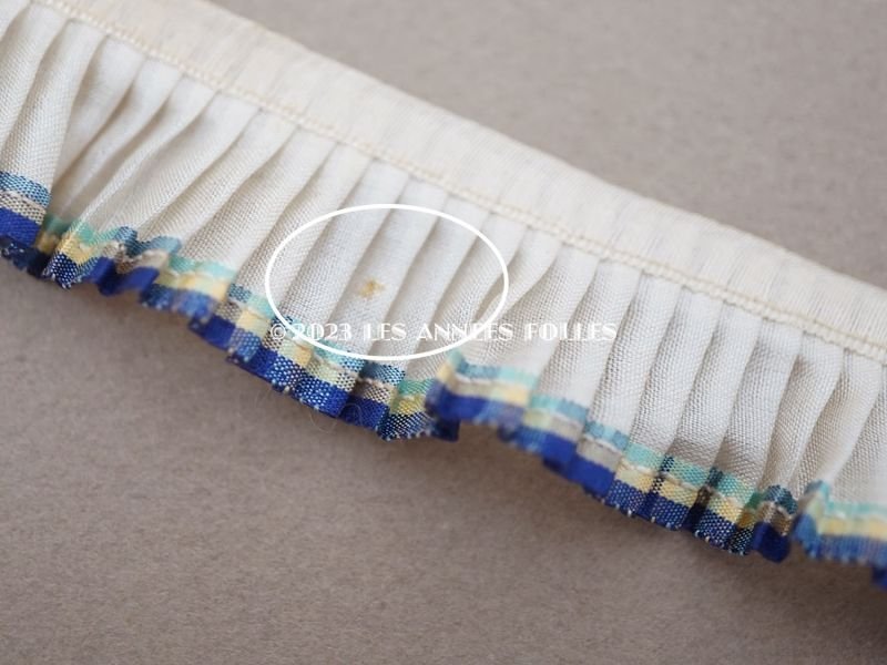 画像6: アンティーク シルク製 プリーツリボン ブルー＆イエローのライン入り 2cm幅 