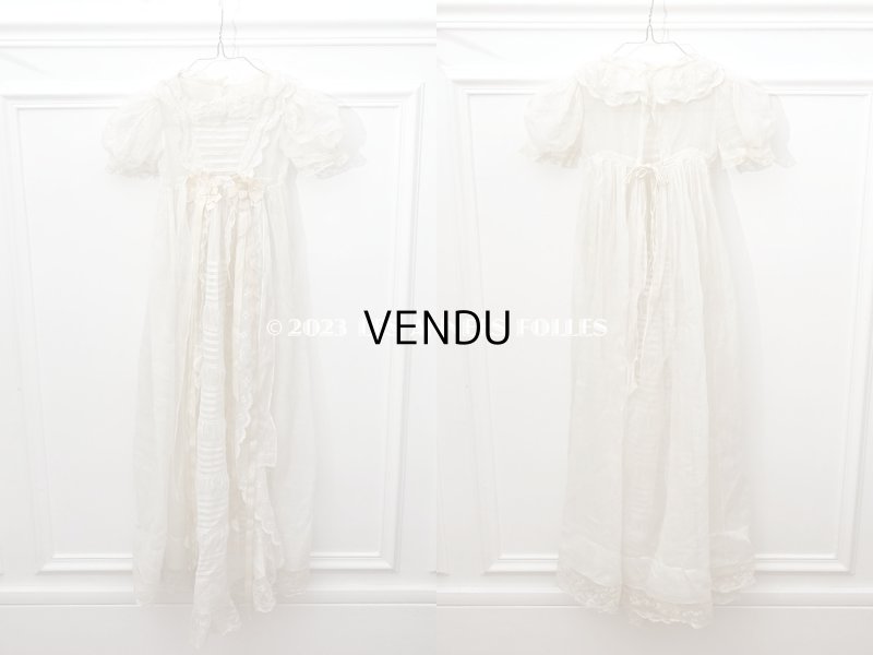 画像3: アンティーク 洗礼式のベビードレス パフスリーブ 手刺繍の花模様＆レース＆オレンジベージュのリボン