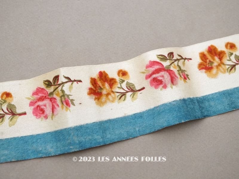 画像1: 19世紀 アンティーク シルク製 リボン ベルベットの薔薇模様 1.05m 6cm幅 