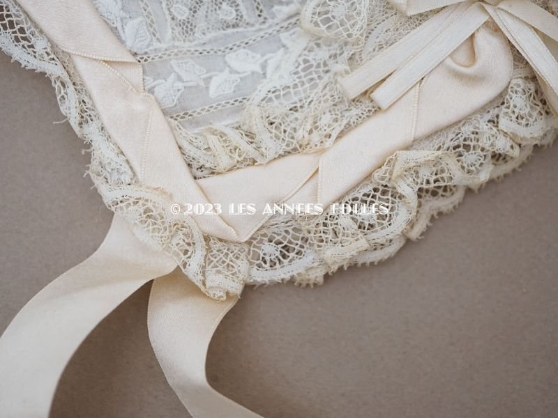 画像9: アンティーク バテム用 レースのボネ パウダーピンクのシルクリボン