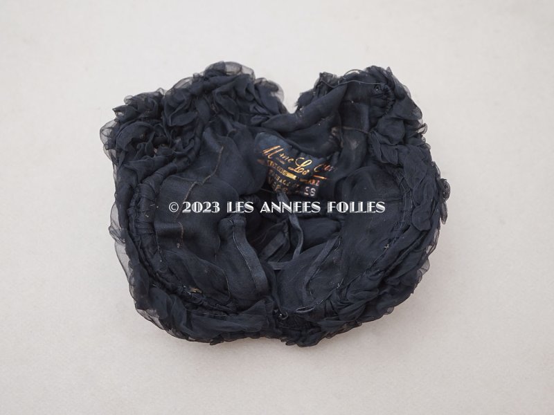 画像8: 1900年頃 アンティーク ドールハット 黒いシルクシフォンのフリル ヴェルサイユの帽子店