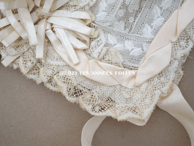 画像3: アンティーク バテム用 レースのボネ パウダーピンクのシルクリボン