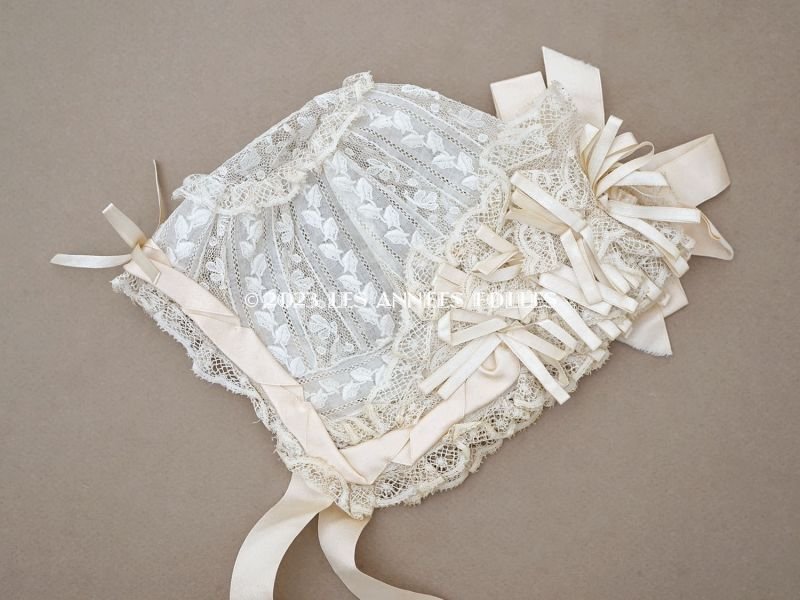 画像7: アンティーク バテム用 レースのボネ パウダーピンクのシルクリボン