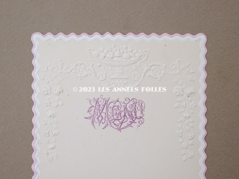 画像7: 未使用 アンティーク メニューカード モノグラム&薔薇のガーランド エンボス加工 
