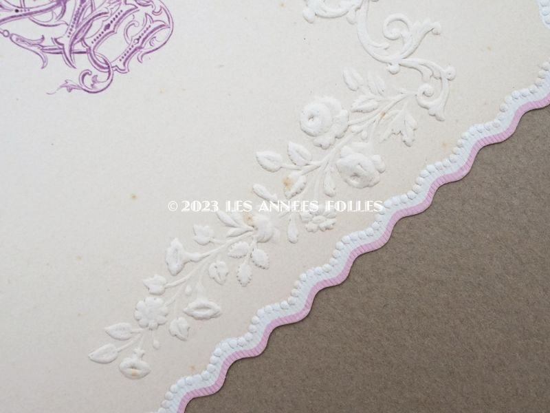 画像4: 未使用 アンティーク メニューカード モノグラム&薔薇のガーランド エンボス加工 