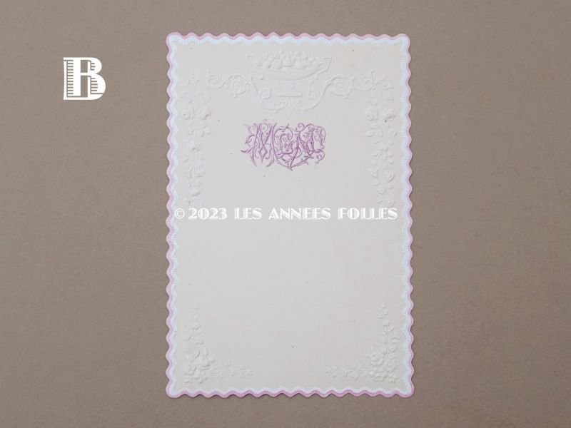 画像6: 未使用 アンティーク メニューカード モノグラム&薔薇のガーランド エンボス加工 