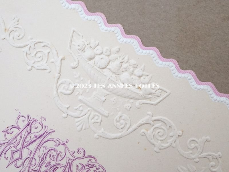 画像3: 未使用 アンティーク メニューカード モノグラム&薔薇のガーランド エンボス加工 