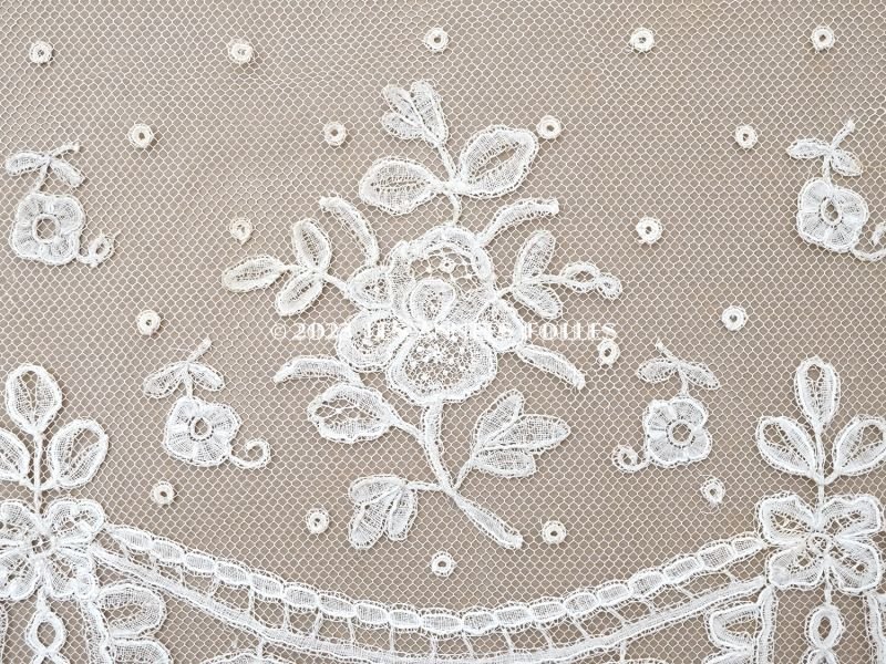 画像5: 19世紀末 アンティーク 幅広24cm アプリカシオン・アングルテール 薔薇のモチーフ オフホワイト ボビンレース