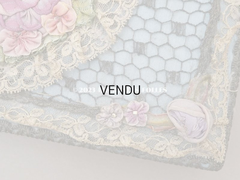 画像8: アンティーク シルク製 ロココモチーフ&レースのカルトナージュボックス グレイッシュブルー