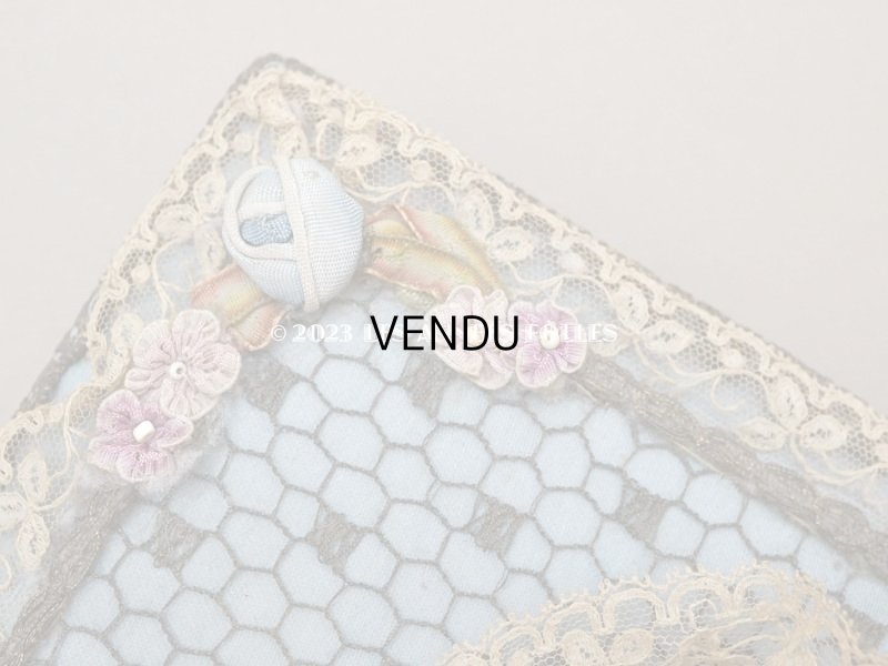 画像5: アンティーク シルク製 ロココモチーフ&レースのカルトナージュボックス グレイッシュブルー