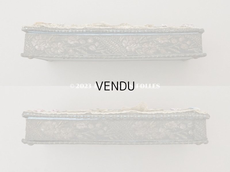 画像10: アンティーク シルク製 ロココモチーフ&レースのカルトナージュボックス グレイッシュブルー