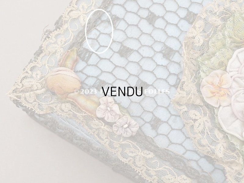 画像6: アンティーク シルク製 ロココモチーフ&レースのカルトナージュボックス グレイッシュブルー