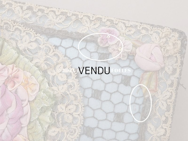 画像7: アンティーク シルク製 ロココモチーフ&レースのカルトナージュボックス グレイッシュブルー