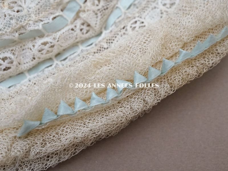 画像7: アンティーク ドール用 小さなボネ パウダーブルーのシルクリボン&チュールレースのプリーツ