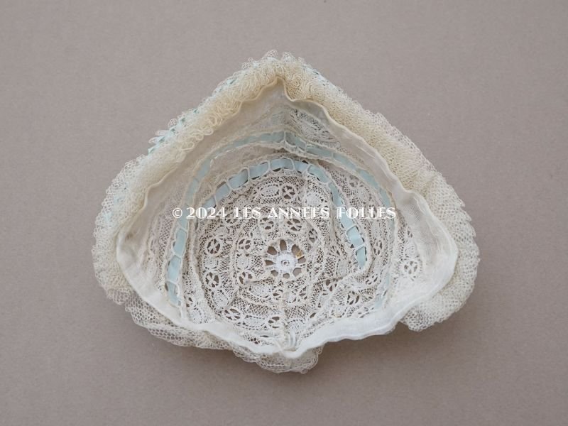 画像8: アンティーク ドール用 小さなボネ パウダーブルーのシルクリボン&チュールレースのプリーツ