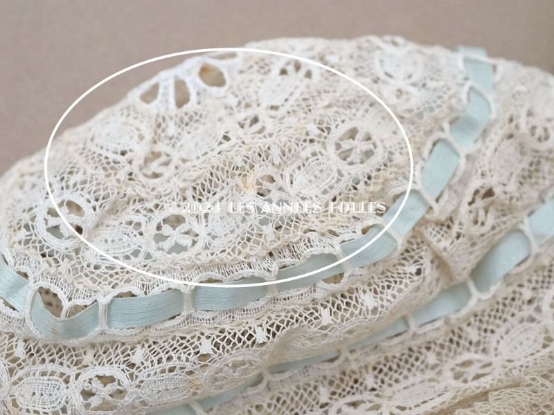 画像6: アンティーク ドール用 小さなボネ パウダーブルーのシルクリボン&チュールレースのプリーツ