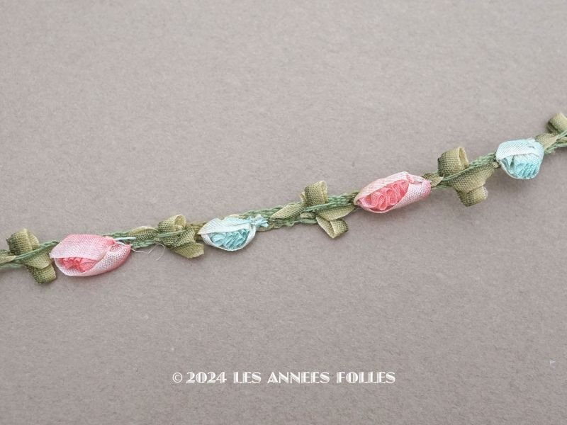 画像1: 1900年頃 アンティーク シルク製  ロココトリム 2色の薔薇 ロココリボン 30cm