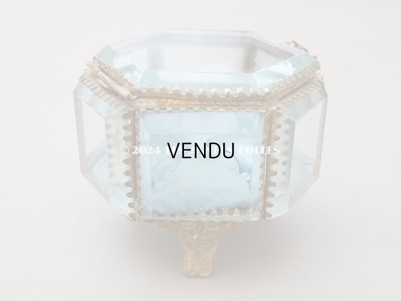 画像5: 19世紀末 アンティーク ジュエリーボックス 6角形 スモーキーブルーのシルク製クッション