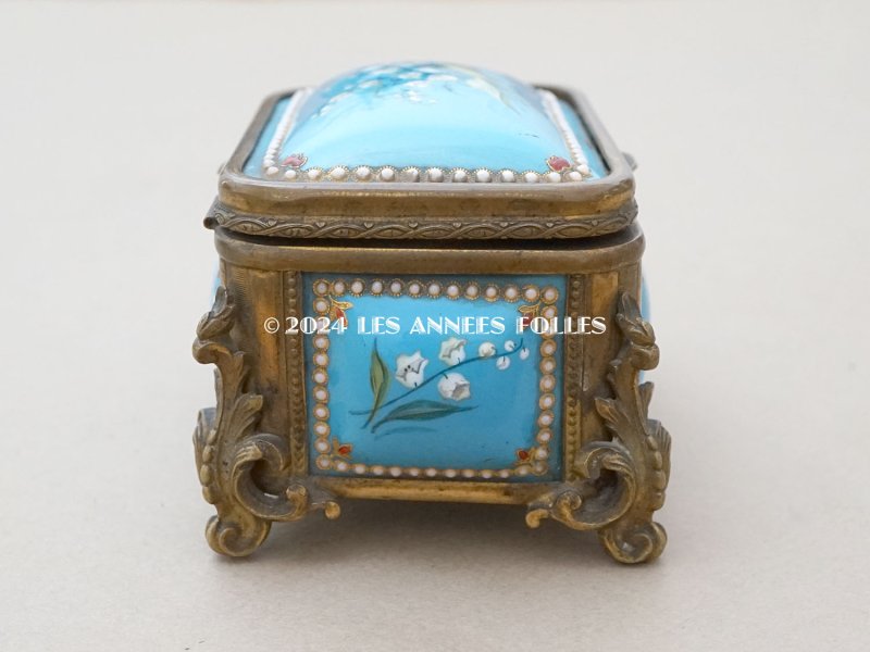 画像10: 19世紀 アンティーク 鈴蘭のジュエリーケース ブレッサン・エナメル パールの装飾 シルククッション付