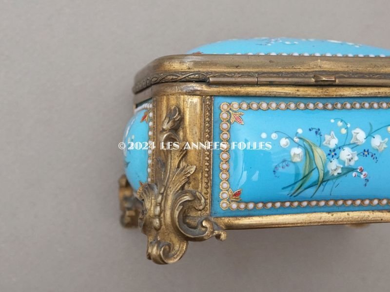 画像14: 19世紀 アンティーク 鈴蘭のジュエリーケース ブレッサン・エナメル パールの装飾 シルククッション付