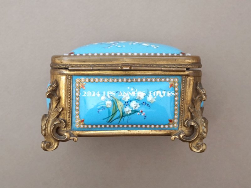 画像13: 19世紀 アンティーク 鈴蘭のジュエリーケース ブレッサン・エナメル パールの装飾 シルククッション付