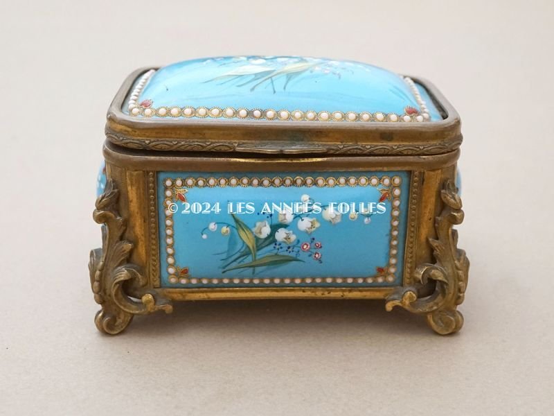 画像8: 19世紀 アンティーク 鈴蘭のジュエリーケース ブレッサン・エナメル パールの装飾 シルククッション付