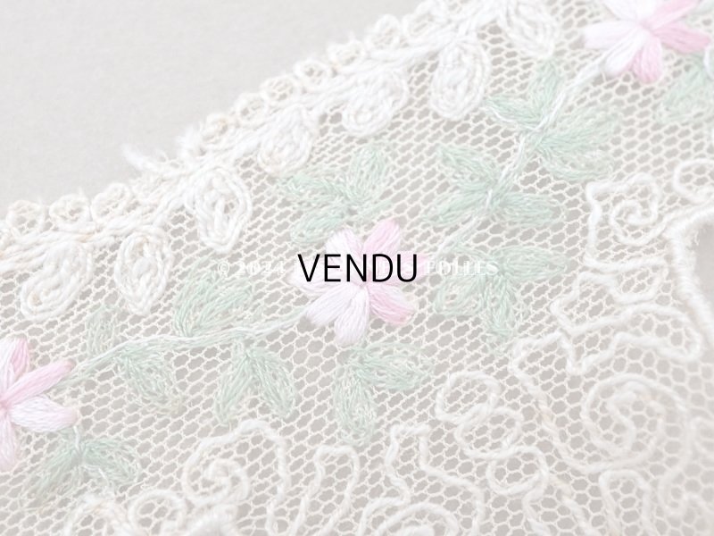 画像3: 1930年頃 アンティーク レース ピンクの花の刺繍入り 95cm