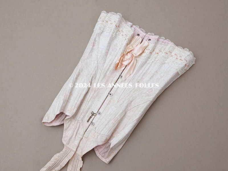 画像5: 1900年頃 アンティーク コルセット オリジナルボックス付き ピンクの花模様&シルクサテンリボン&レース