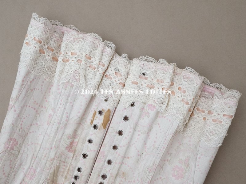 画像15: 1900年頃 アンティーク コルセット オリジナルボックス付き ピンクの花模様&シルクサテンリボン&レース