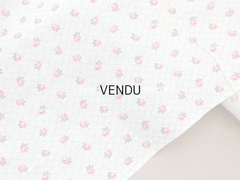 画像5: 未使用 アンティーク 小さな薔薇模様 薄手のコットンファブリック 70cm幅 淡いグリーンの格子柄