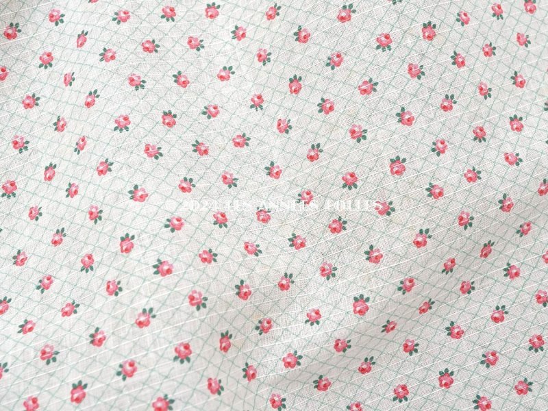 画像2: 未使用 アンティーク 小さな薔薇模様 薄手のコットンファブリック 70cm幅 淡いグリーンの格子柄